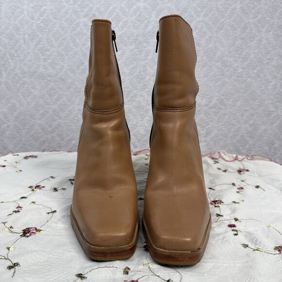 Vtg Candies Leather Boots Womens 8.5 Tan Chunky Heel Square Toe Mid Calf 90s Y2K - Picture 2 of 11